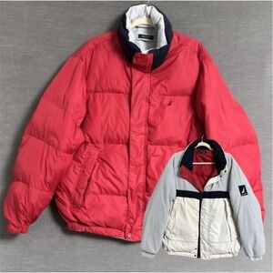 Vtg Nautica Puffer Jacket L Red Reversible Down Puffer Winter Coat 90s y2k Gorp